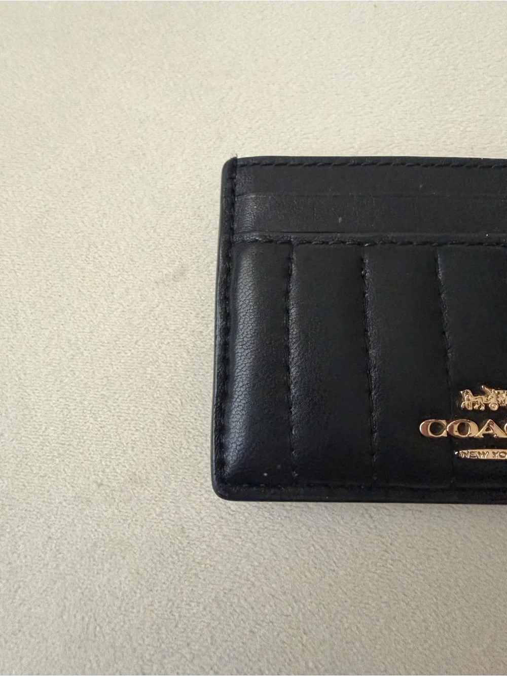 COACH Black Quilted Leather Card Holder with Gold Logo